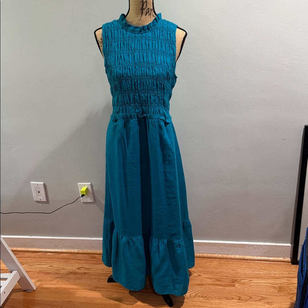 Boden 12 linen Sleeveless Teal Smocked Maxi Dress
